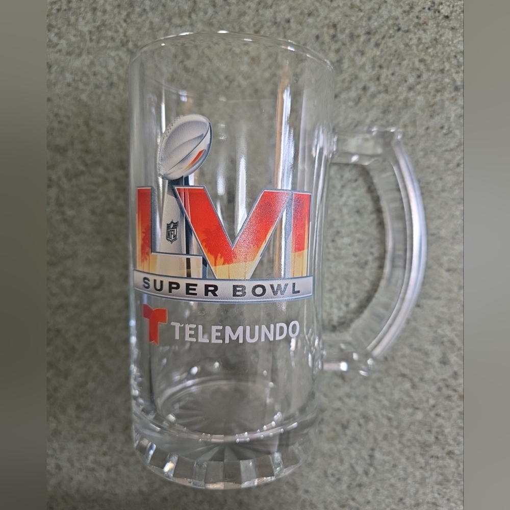 NFL Super Bowl LVI Souvenir Beer Glass Mug w/Telemundo Network Logo. 6" Tall.